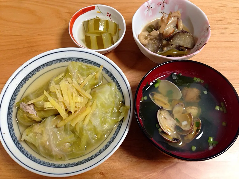 和風ロールキャベツ⭐️あさりの吸物⭐️茄子とピーマンと竹輪の味噌煮⭐️ウリの炊いたん|ほなさん