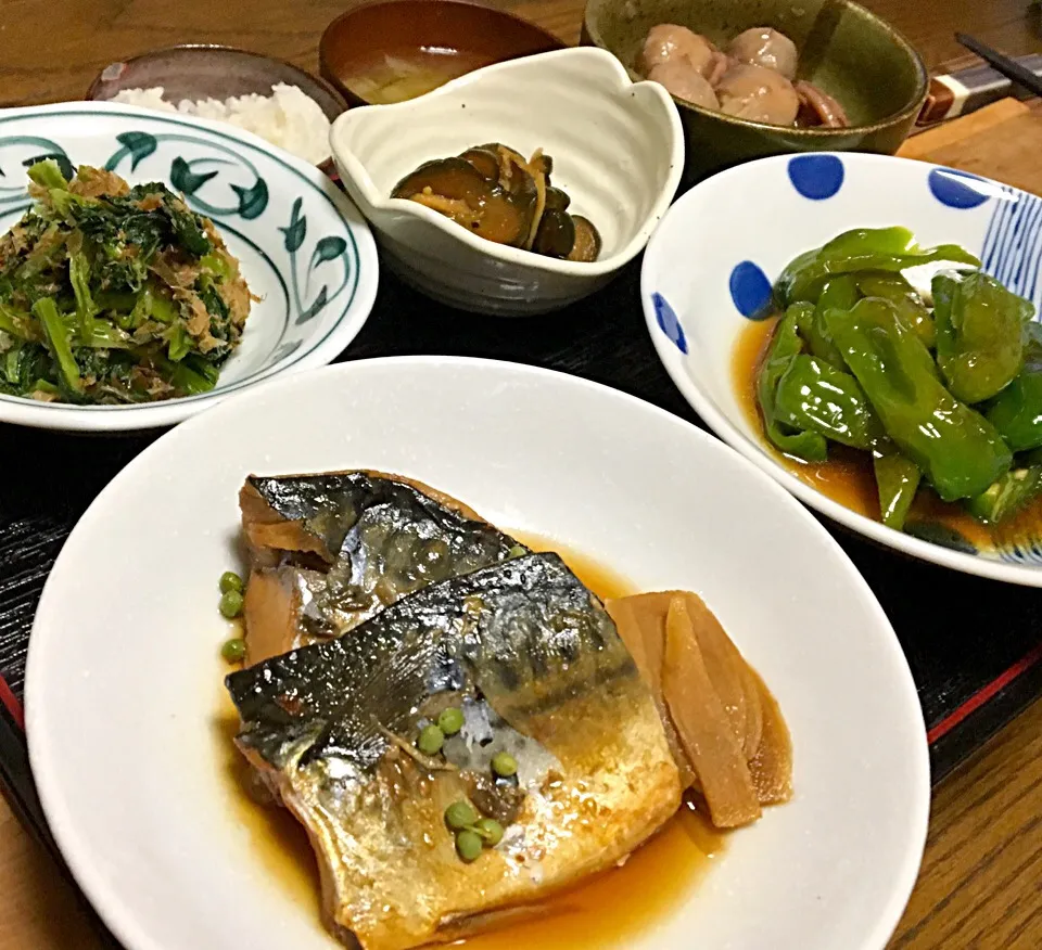 晩ごはん  鯖の煮付け ピーマンの焼きびたし 里芋とイカの煮物 小松菜おひたし きゅうりのQちゃん漬 キャベツと玉ねぎの味噌汁 白飯|ぽんたさん