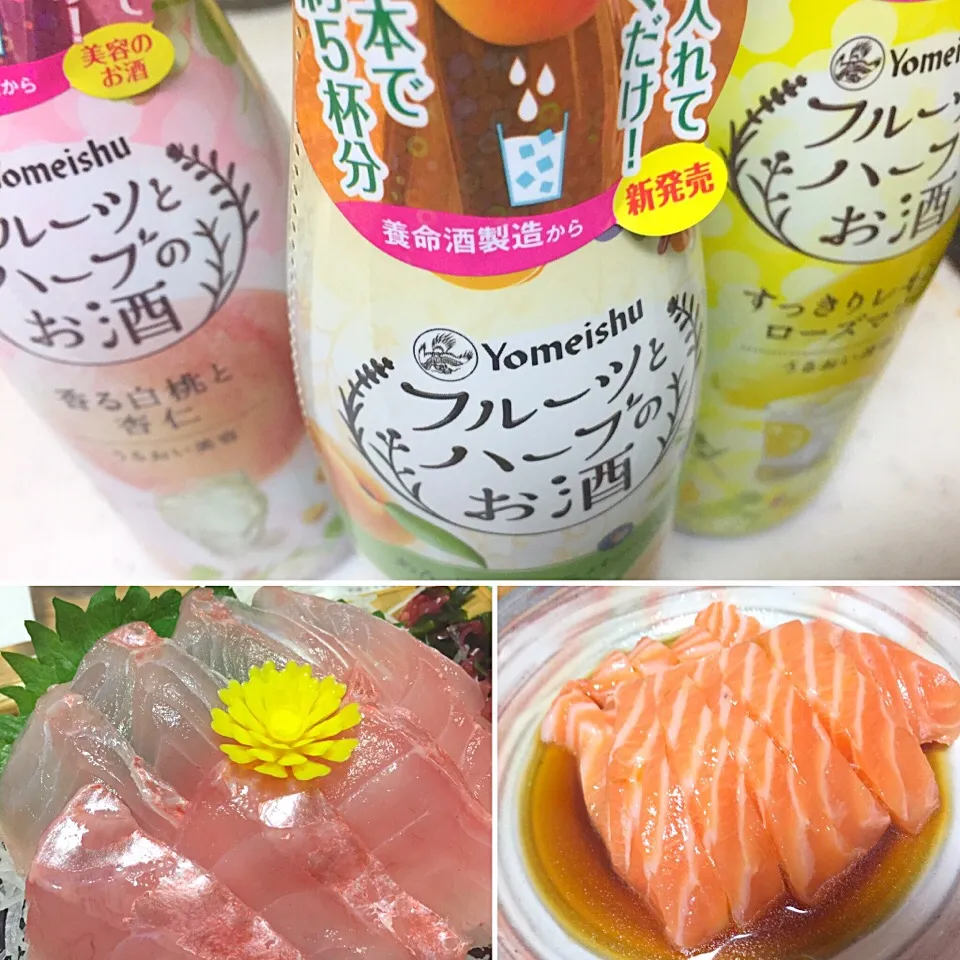 フルーツとハーブのお酒と刺身(金目鯛、オーロラサーモン)🐟|buhizouさん