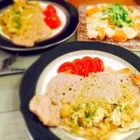 Snapdishの料理写真:しょうが風味のシャリアピンステーキとサーモンと帆立のカルパッチョ♡|成瀬由佳さん