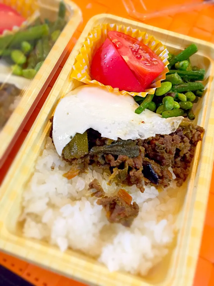 今日は家にあったものでお弁当を作ってお出かけです。目玉焼きのせドライカレー弁当！|うきさん