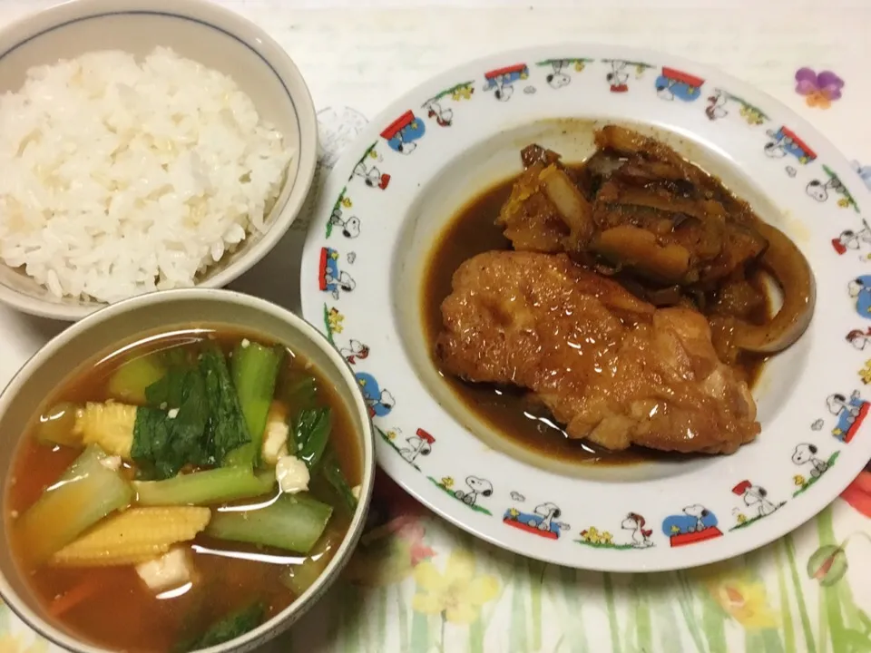 発芽玄米入りご飯・鶏のオレンジ照り焼き・スンドゥブ風スープ|美也子さん