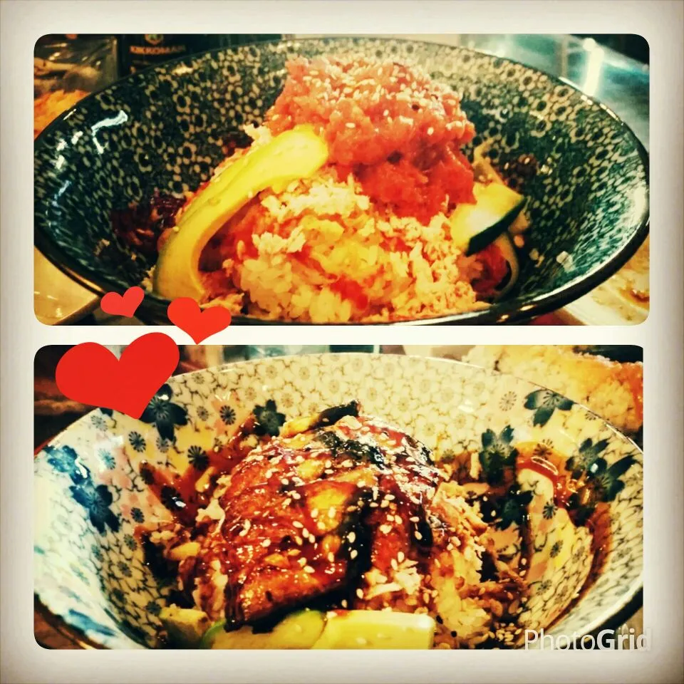 Saturday night dinner at the Rice bowl in St. Peters, Mo,USA.  Spicy dekka don on top and Unagi (Eel) don on the bottom.  The spicy tuna bowl was pretty spicy. |Jihollandさん