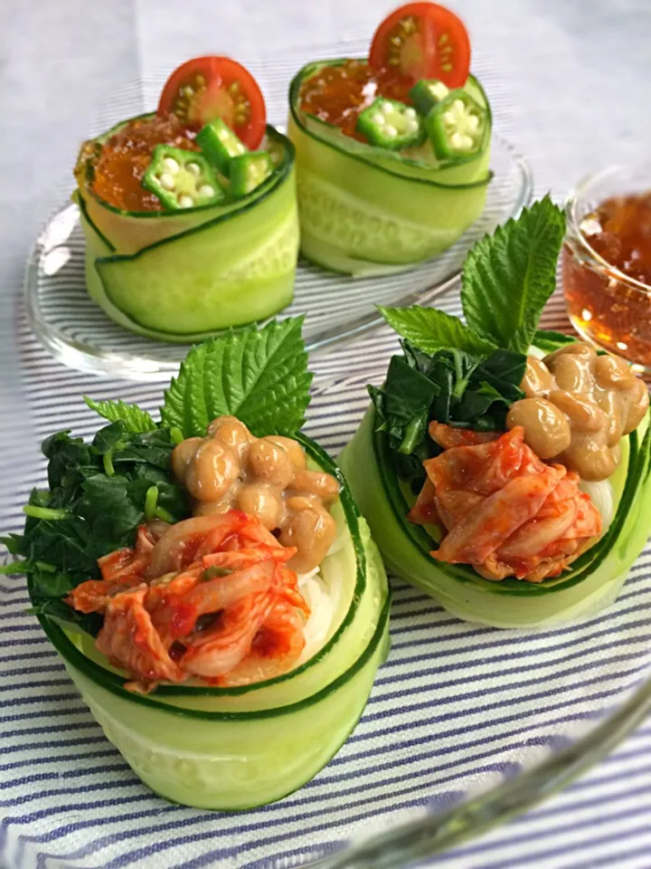 夏野菜でベジココット素麺♪ モロヘイヤとキムチと納豆のトリプルアクセル✨🌿乳酸菌が納豆菌をエサに増幅！奇跡の食べ合わせなんだって✌️|あまねこ🌿さん