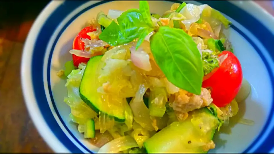 夏野菜🍅と春雨 炒め🌿
ズッキーニ🎵 トマト✨ キャベツ💚 バジル💞|メイメイda.さん