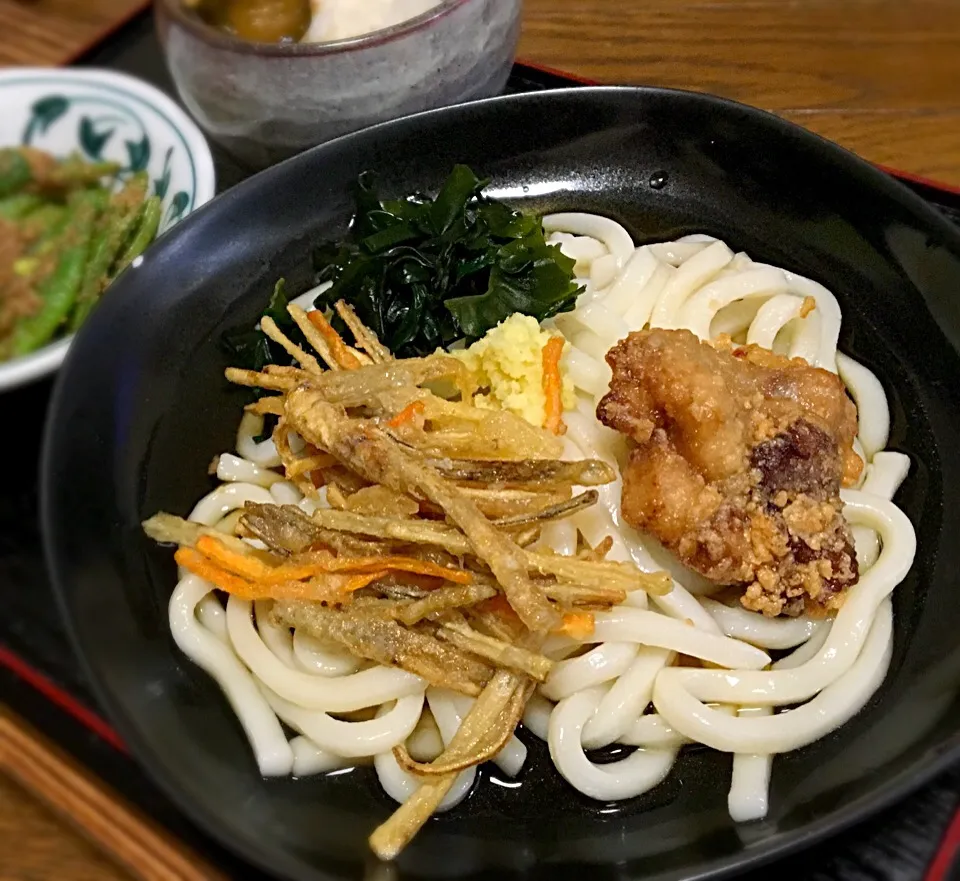 昼ごはん 鶏唐揚げとごぼうのかき揚げのトリゴボぶっかけうどん 生姜をきかせて|ぽんたさん