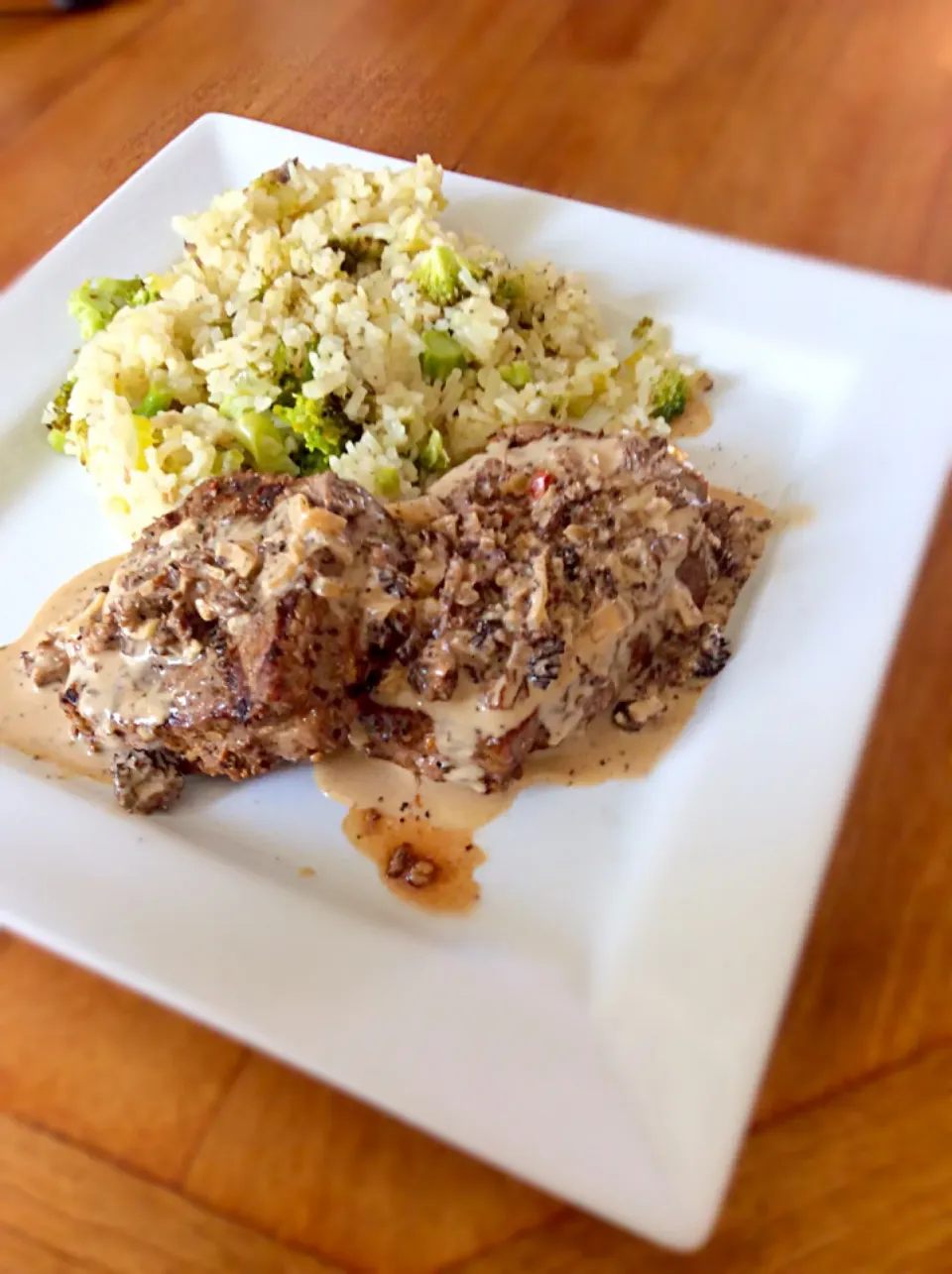 Veggie jasmine rice. Filet minion topped with a morel mushroom sauce.|Mcjstcさん