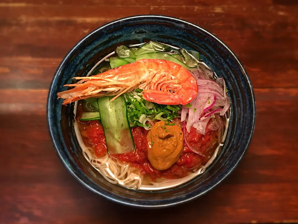 エビみそ入り 海老のトマトソースそうめん1|半田手延べそうめんの店 阿波や壱兆さん