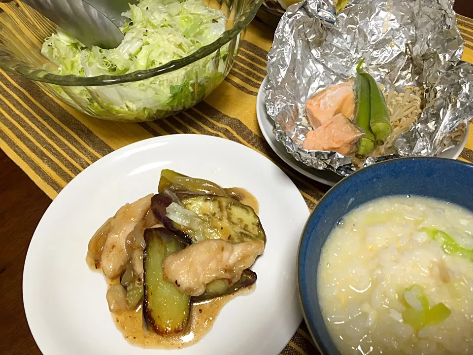 鶏と茄子の炒め・鮭の蒸し物・卵粥|Yuko Kisoさん