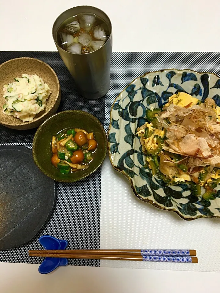 ♯ゴーヤチャンプル♯なめこ×オクラ×みょうがのめんつゆ和え♯ポテトサラダ|なほぴさん