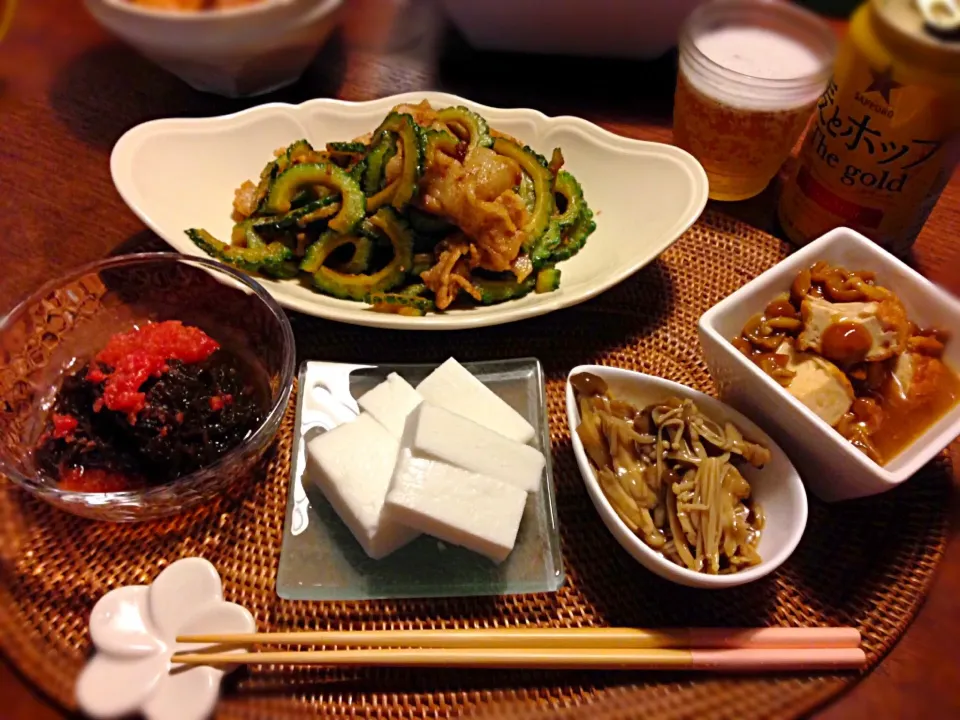 今日の晩ご飯
🍴ゴーヤと豚バラ炒め
🍴もずくと冷凍トマトの擦り下ろし、ポン酢味
🍴キノコのマリネ
🍴厚揚げのなめこ煮
🍴ハンペン|frannyさん