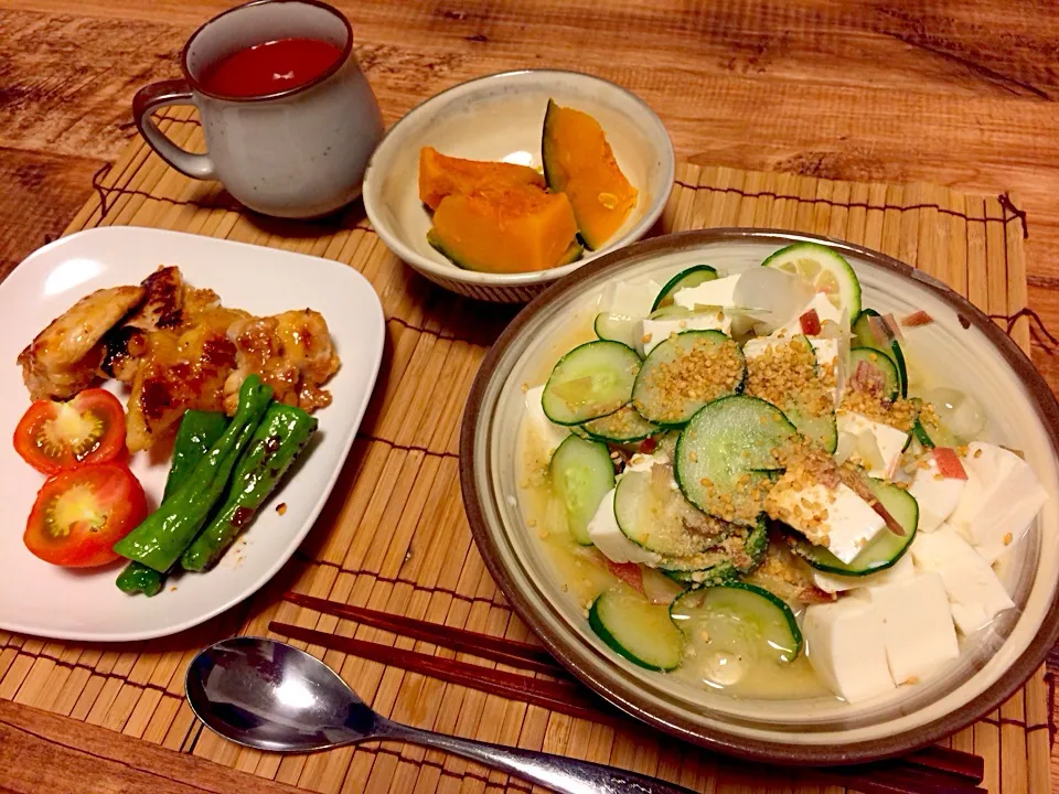 冷汁＊かぼちゃの煮物＊鶏もものハチミツ焼き|acoさん