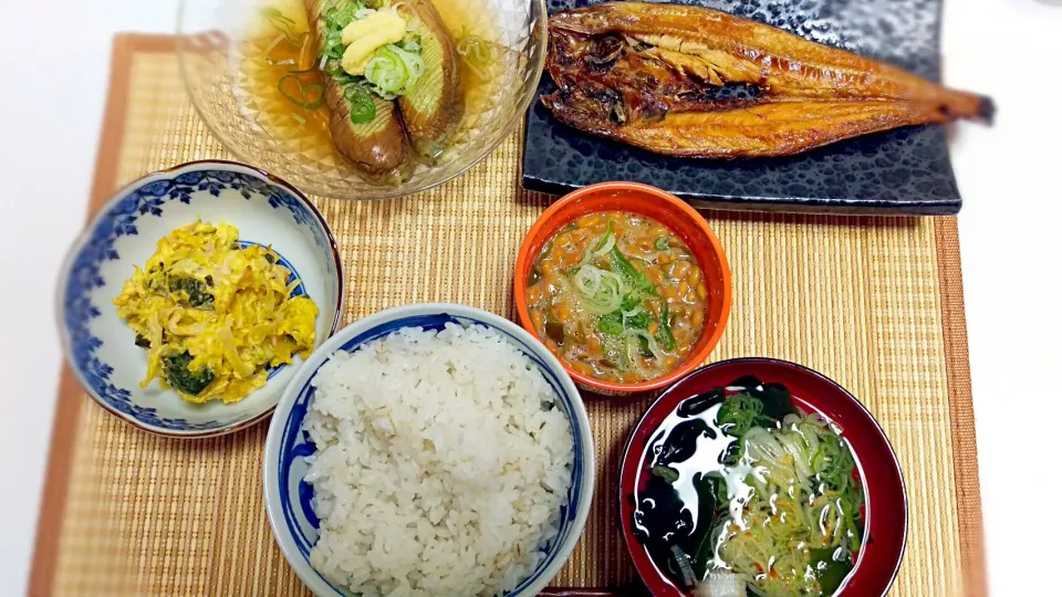 朝ごはん(*^_^*)！
☆ほっけの塩焼☆かぼちゃのサラダ☆冷やし茄子☆もずく納豆|わかなさん