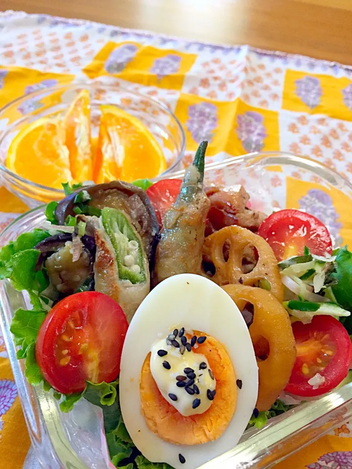 今日のお弁当
＊オクラの肉巻き
＊鶏肉のしょうが煮
＊切り干し大根サラダしそ味
＊なすの煮浸しミョウガ添え
＊ゆで卵
＊焼きレンコン|aquapine.38さん