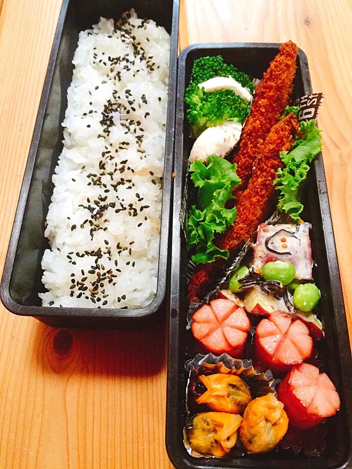 お父さん🐟ししゃもフライお弁当(*^^*)2016.07.20⚓️夫婦船さんの料理 さつまいもとひじきと枝豆の    粒マスタードマヨサラダ|カンカンさん