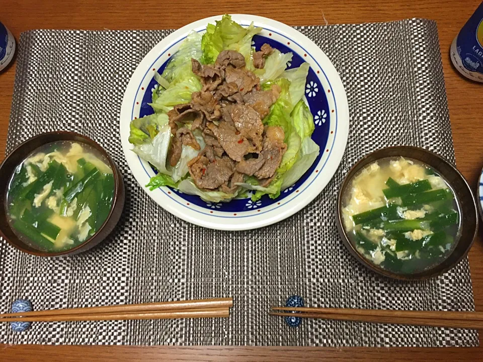 プルコギ風牛肉炒め、ニラ玉スープ|hhhさん