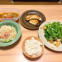 ぶりの塩焼き
柚子胡椒とマヨネーズの春雨サラダ
厚揚げのエスニック炒め
ご飯
夏野菜の煮浸し（残り物）|いむやもぐさん