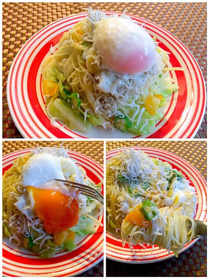 Snapdishの料理写真:Capellini Freddi con Bianchetti🍝ｶｯﾍﾟﾘｰﾆ ﾌﾚｯﾃﾞｨ ｺﾝ ﾋﾞｱﾝｹｯﾃｨ Capellini w/whitebait&cabbage🐟しらすとｷｬﾍﾞﾂのｶｯﾍﾟﾘｰﾆ|🌈Ami🍻さん