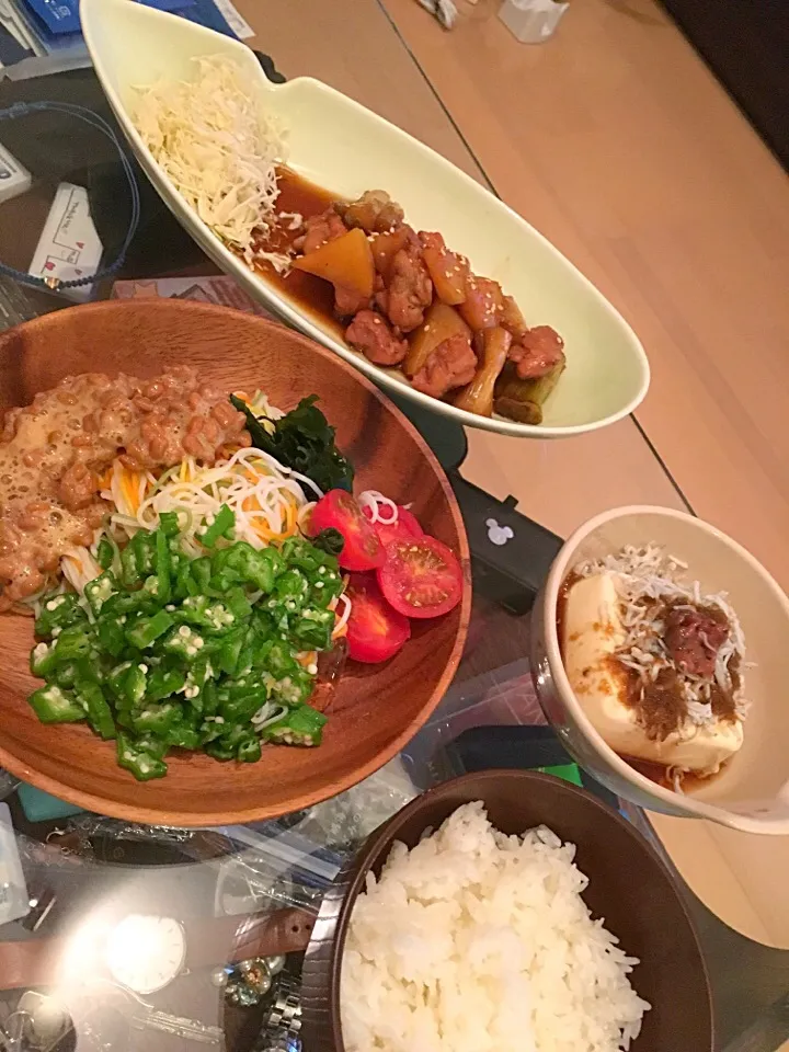 Snapdishの料理写真:ぶっかけ素麺・鶏とネギの和風煮込み|yayamiさん