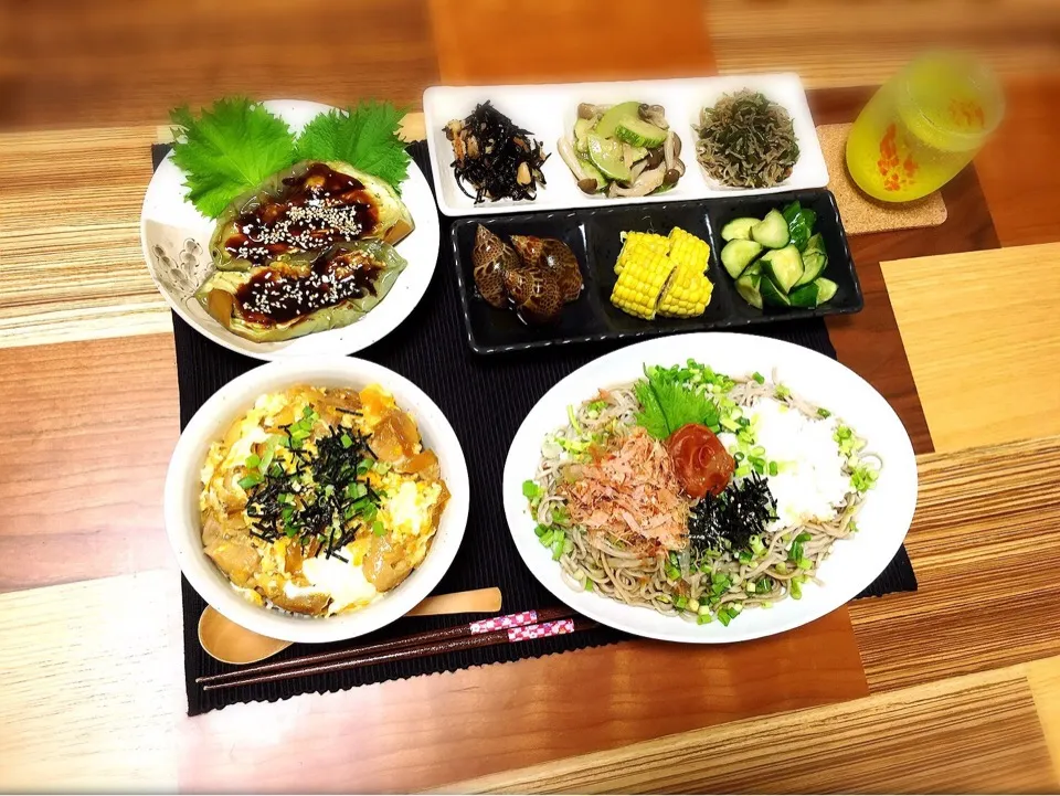 おろし蕎麦
ミニ親子丼
なすの田楽
ひじき煮
ズッキーニとしめじのナムル
ジャコピーマン
バイ貝煮付け
とうもろこし
キュウリの浅漬け|ぼんぼんさん