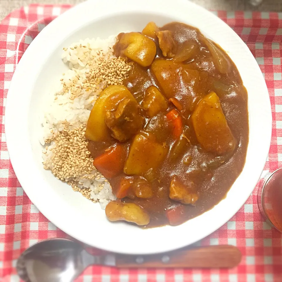 Snapdishの料理写真:圧力鍋で簡単カレー。せめてのフォン・ド・ヴォーとトマトペースト入り。隠し味は少量のメープルシロップ。|いず⋈ + ゜さん