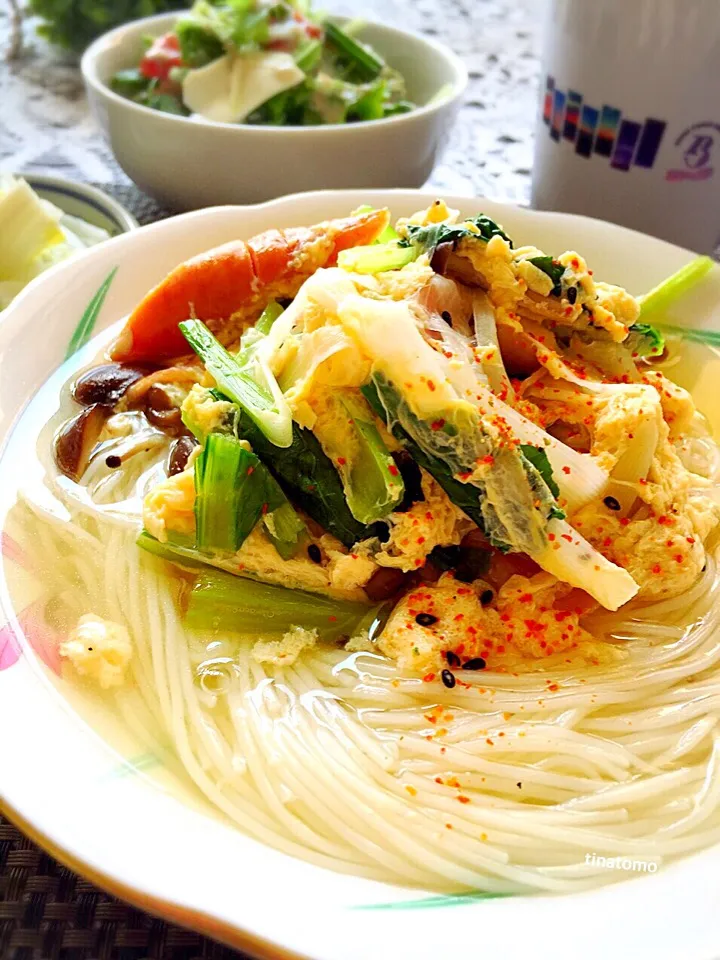 あり合わせ具材卵とじ乗せ、
温かなお素麺、白だしつゆで！|Tina Tomoko😋さん