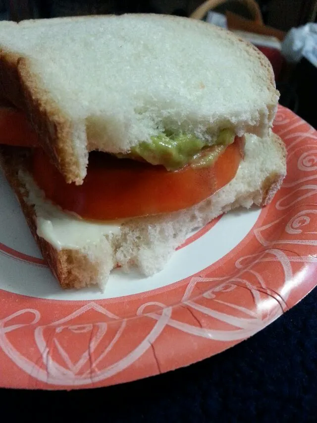 native tomatoe, guacamole, and mayo sandwich. so hungry i just ripped the bread. haha🍴🍞🍅|Polly Gelfusoさん