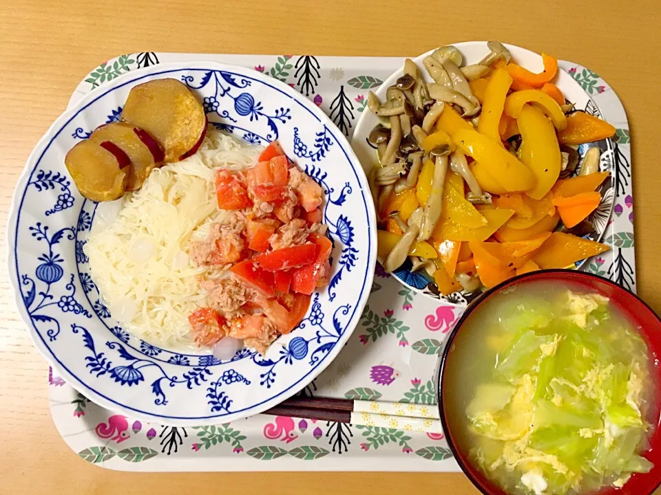 トマトツナそーめん
きのことパプリカの炒め物
キャベツと卵のスープ|あちゃんみんさん