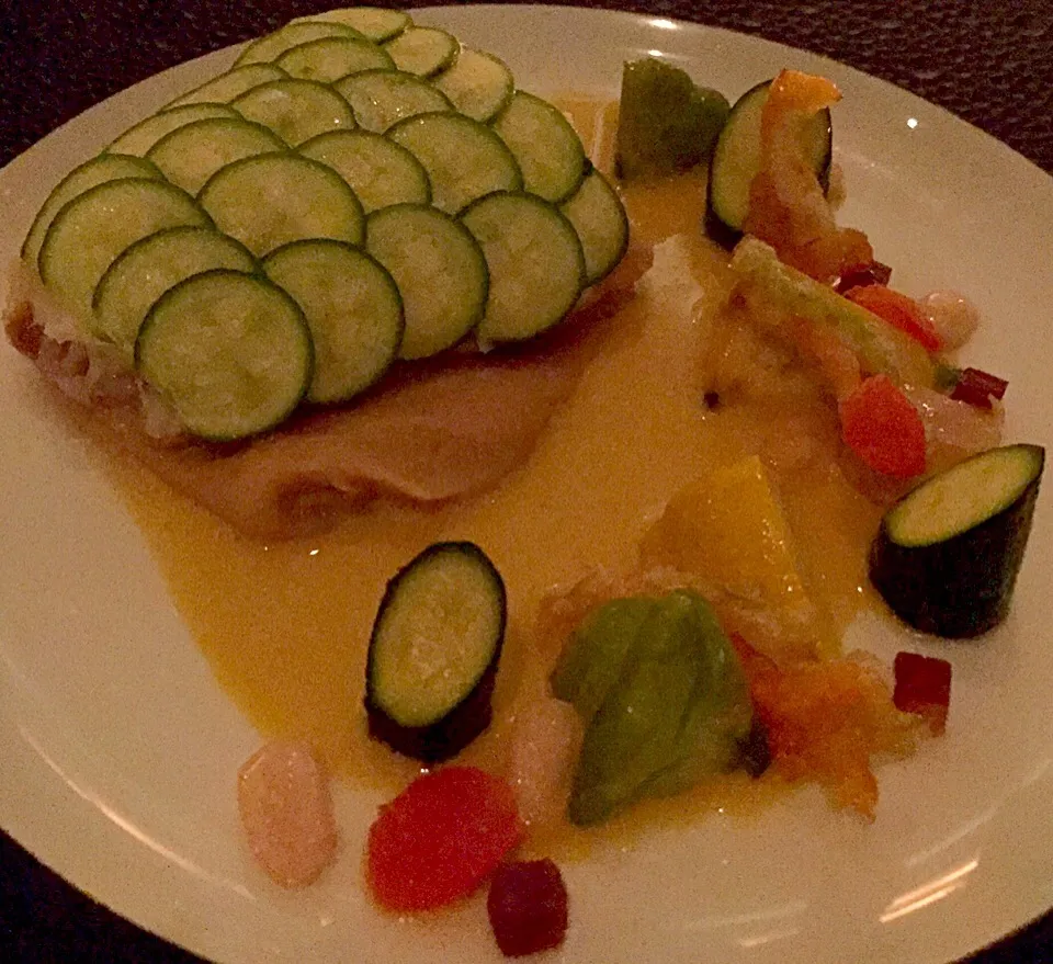 Fillet of Brixham turbot, courgettes, chorizo, borlotti beans, lemon grass. 👍🏻 *more chorizo!*😋 #Petrus London|Scarlet Chuaさん