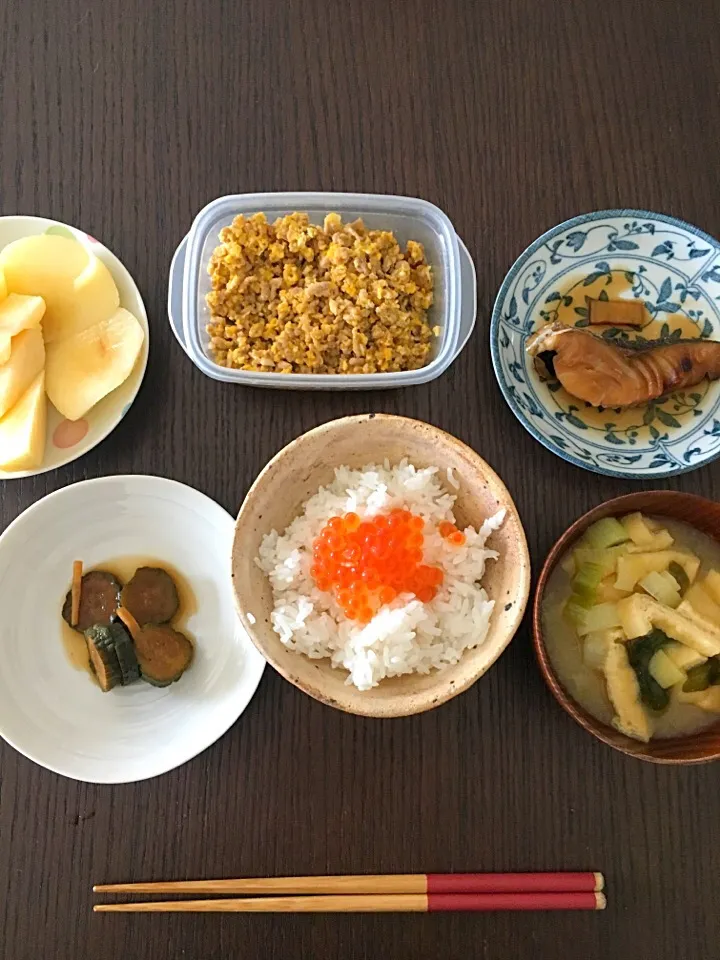 Snapdishの料理写真:7月25日朝ごはん いくら 銀ダラ煮付け そぼろ お味噌汁 桃 自家製キューちゃん|やすこさん