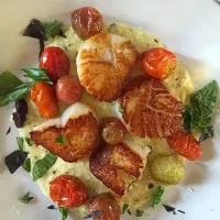 Snapdishの料理写真:scallops, corn coulis, roasted tomatoes