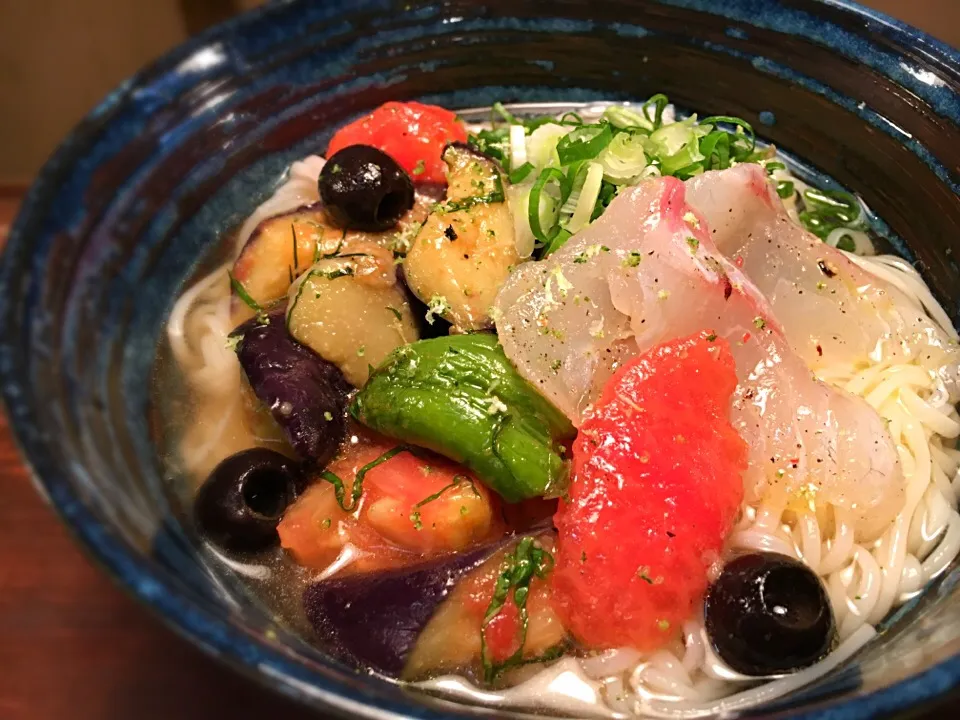 真鯛と夏野菜のマリネそうめん3|半田手延べそうめんの店 阿波や壱兆さん