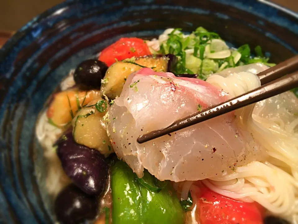 真鯛と夏野菜のマリネそうめん8|半田手延べそうめんの店 阿波や壱兆さん