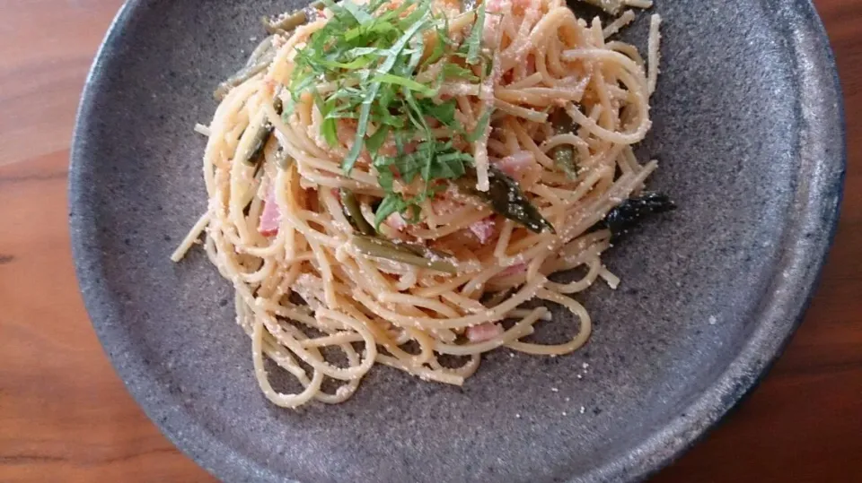 Snapdishの料理写真:たらこ野沢菜スパ|Yoshieさん