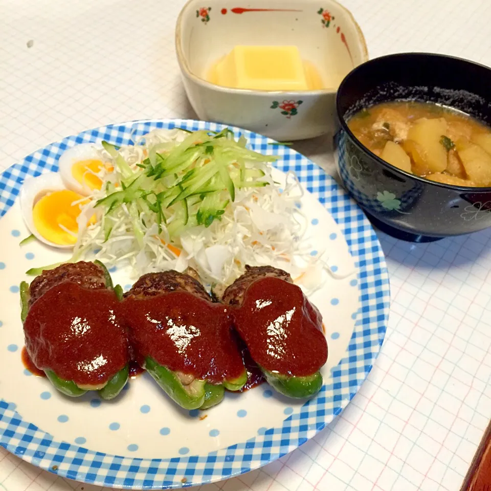 肉詰めピーマン、卵豆腐、お味噌☆|みいみいさん