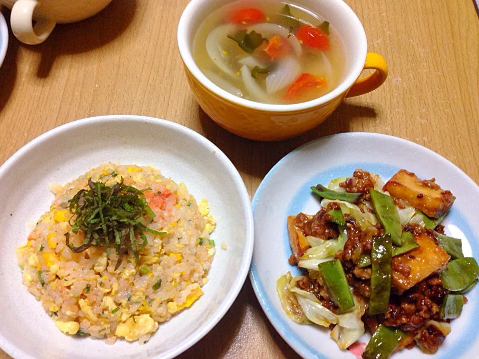 めんたい炒飯と厚揚げの味噌炒めとトマトスープ|こんこんさん