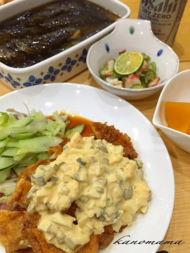 Snapdishの料理写真:チキン南蛮♪茄子ナンプラー煮浸し♪きゅうりとタコの酢の物♪南瓜煮物♪|ゆきさん