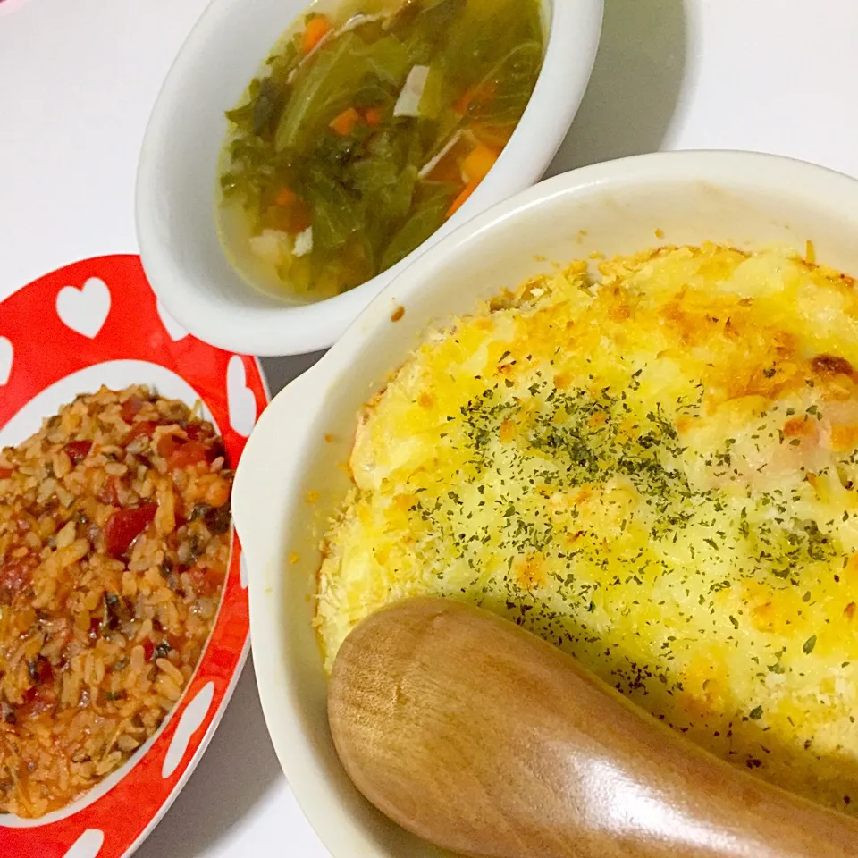 Snapdishの料理写真:グラタン、野菜スープ、トマトと水菜のリゾット|奏 kanadeさん