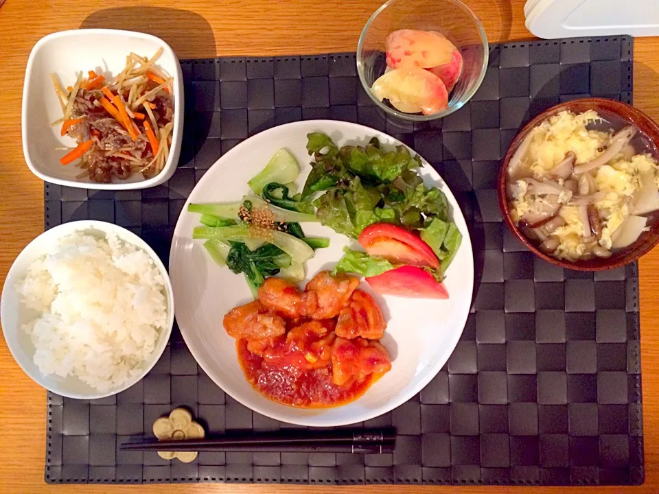 7月28日の夕食✴︎若鶏のチリソース炒めで中華定食|mikomikoさん