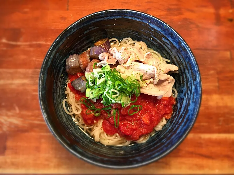 揚げ茄子と豚肉のトマトサルサぶっかけ1|半田手延べそうめんの店 阿波や壱兆さん