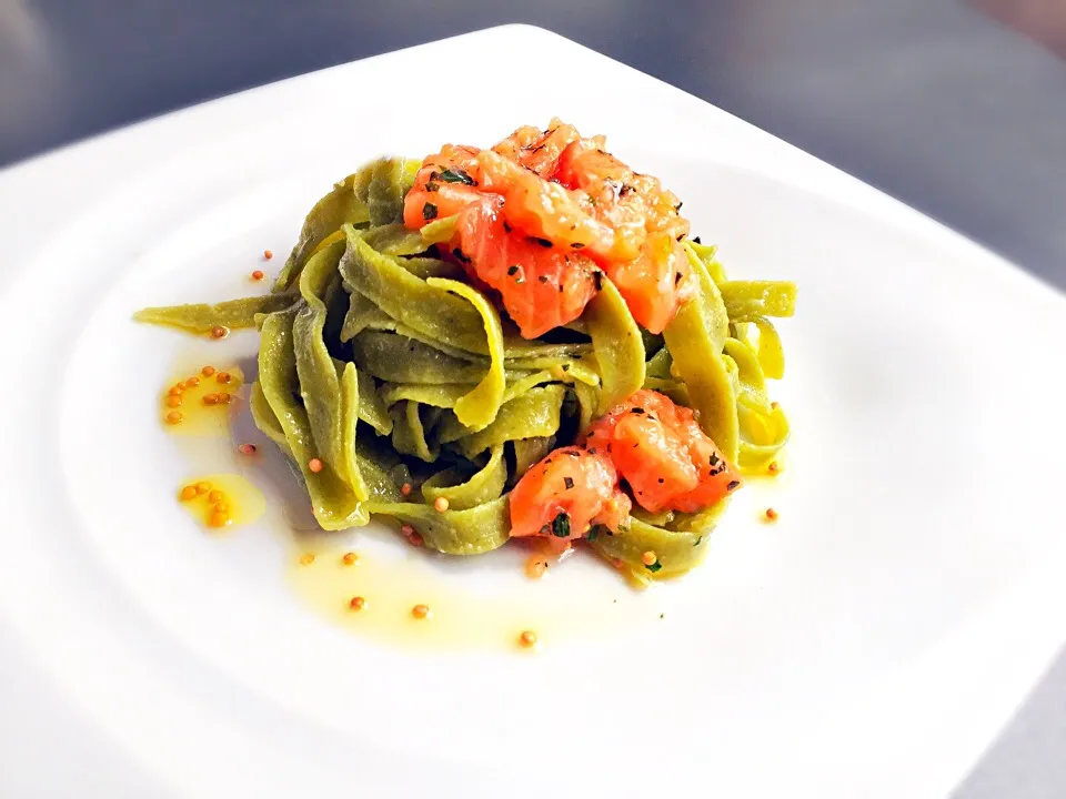 Snapdishの料理写真:Pea Flour Tagliatelle and Salmon Tartare with mustard seeds|laura giardinaさん