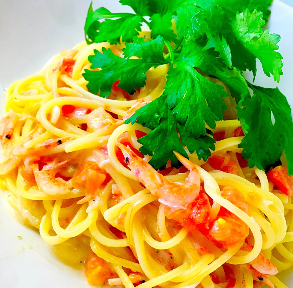 釜揚げ桜海老のパスタ                  液しお、豆乳、山葵味。