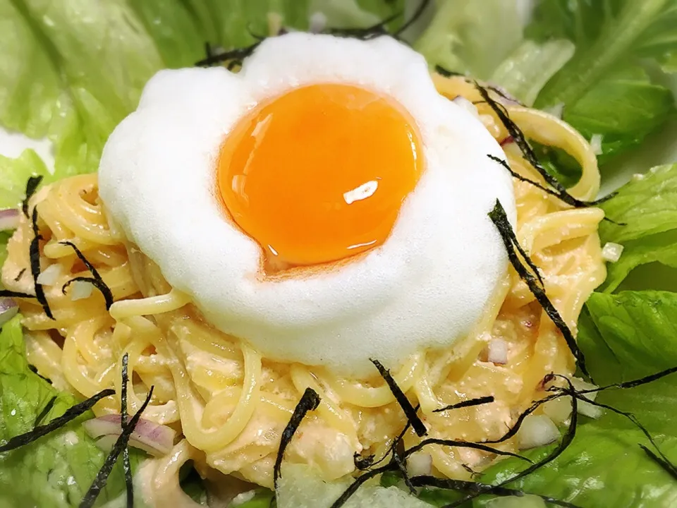 メレンゲ卵黄トッピングの明太子パスタ（＾◇＾）|いーのさん