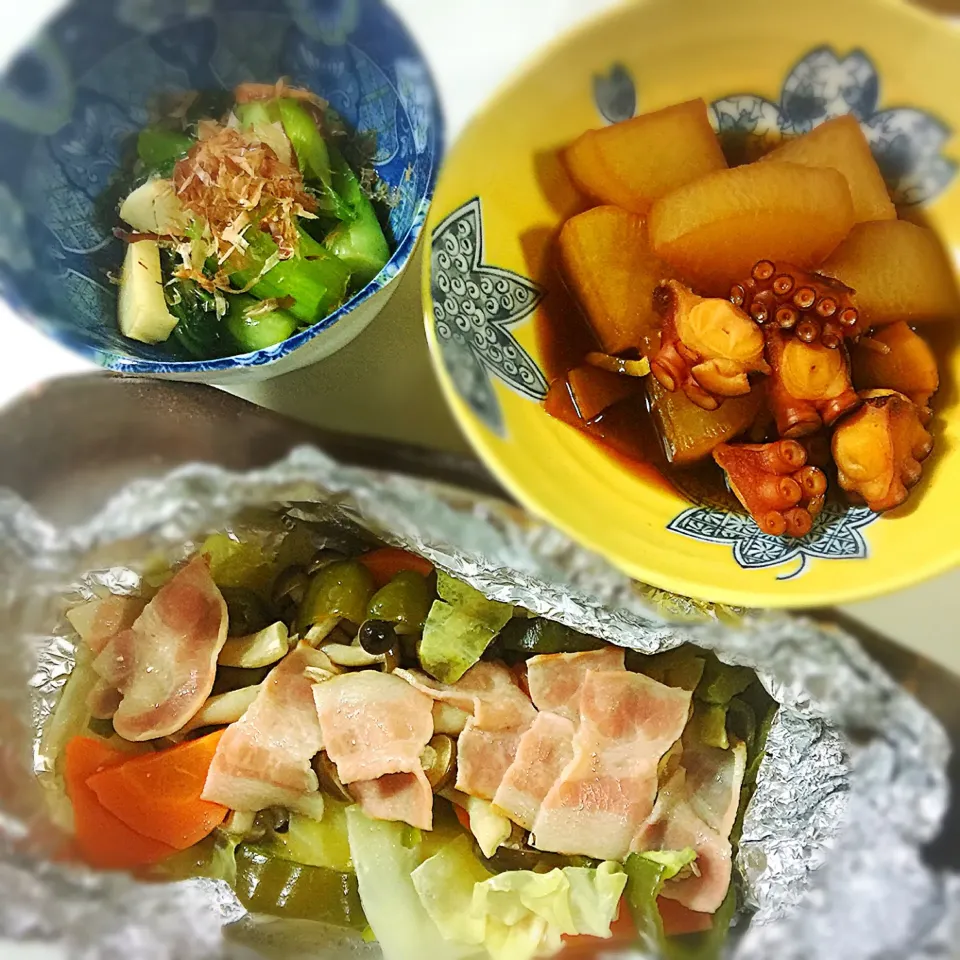 ⚫︎蛸と大根の煮物
⚫︎残り野菜とベーコンのバター蒸し
⚫︎青梗菜と蒲鉾のお浸し|みさちんキッチンさん