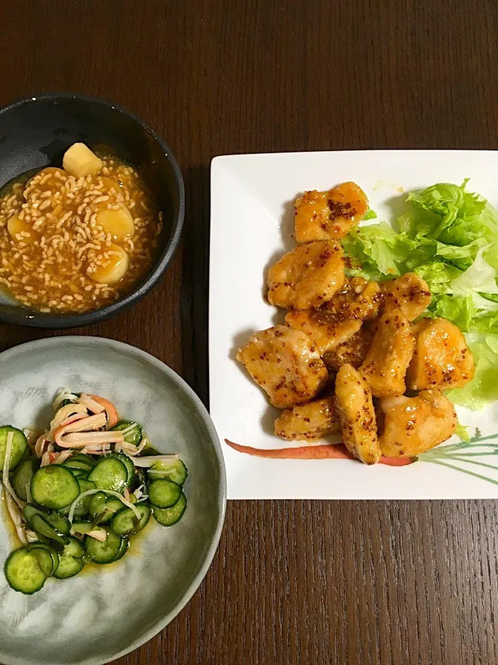 8月1日夕飯 鶏胸肉のハニーマスタード 長芋そぼろあん キュウリの酢の物|やすこさん