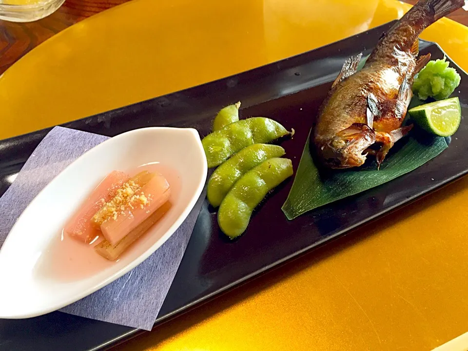 鮎の焼き物 枝豆の味噌漬け 芋茎の甘酢煮|石田 雅史さん