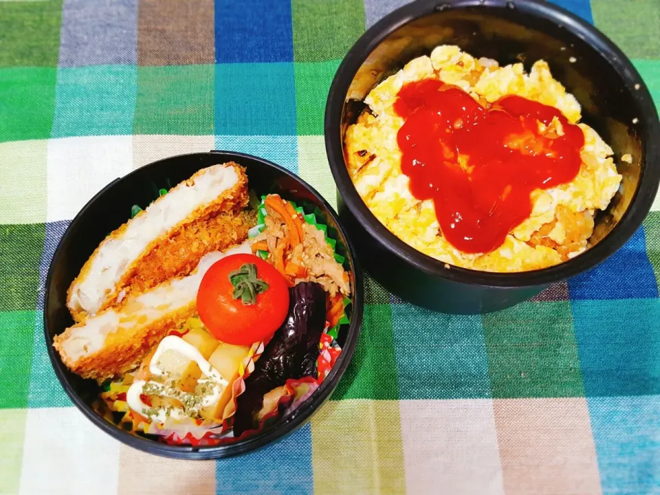 Snapdishの料理写真:お弁当。オムライスと野菜フライとにんじんツナきんぴらとなすの煮浸しとじゃがいもマヨ。|エリカさん