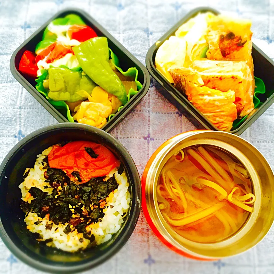 Snapdishの料理写真:2016.8.1BENTO‼️鶏と万願寺唐辛子と大根の煮物＆焼きシャケ＆味噌汁‼️😜🎉🐣|hassanさん