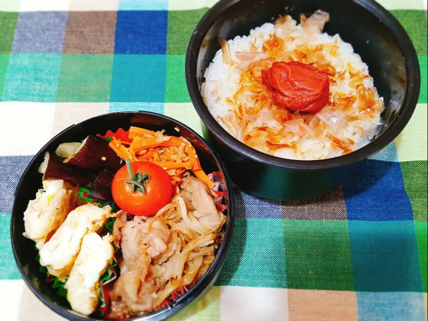 Snapdishの料理写真:お弁当。生姜焼きもやしと出し巻きとなすの煮浸しとにんじんツナきんぴら。|エリカさん