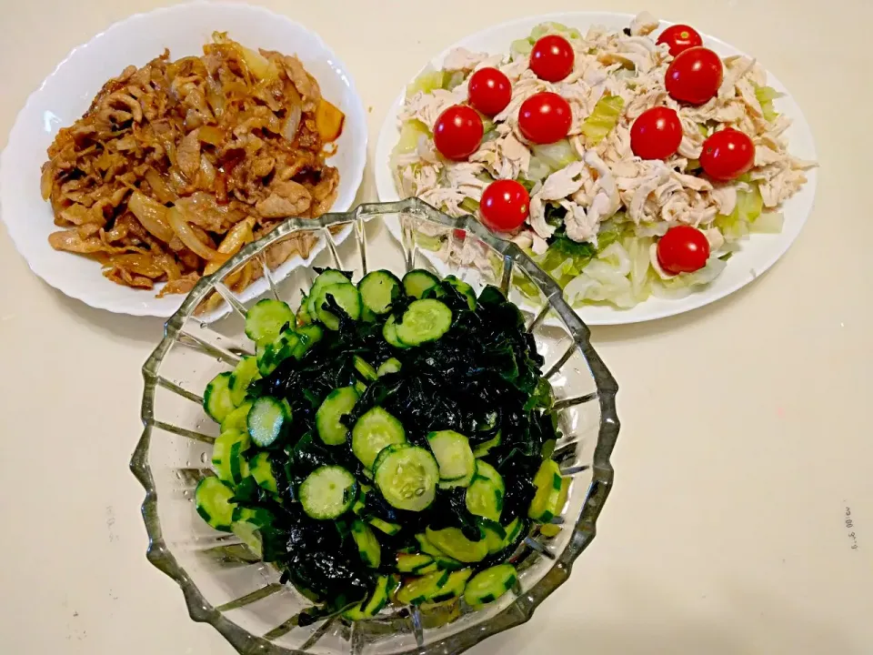 Snapdishの料理写真:our lunch.. #cabbbage ,sasami & tomato salad #stamina meat..cucumber & wakami sour salad..good for summer.|rowena tajimaさん